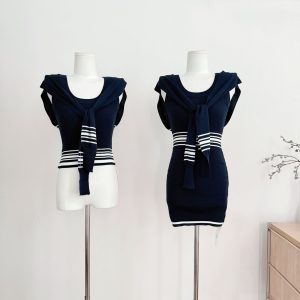 COOLLINE Lin Zixi Navy Collar Two-Piece Set with Shawl