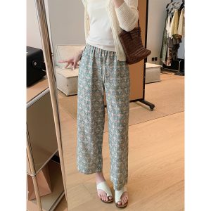 Green Tea Print 100% Linen Cropped Straight-Leg Pants Vintage Casual