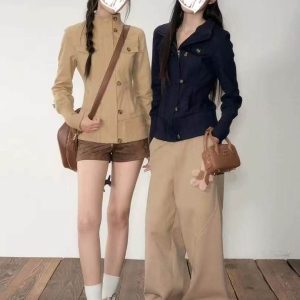Korean Retro Slim Fit Zip Button Half High Neck Short Jacket for Women