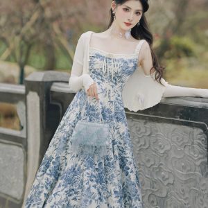 New Chinese Style Floral Slip Dress Set with Cardigan and Pearl Necklace