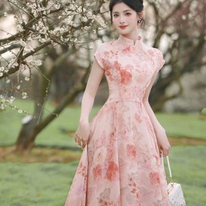 New Chinese Style Improved Qipao Dress with Sky Rose Print