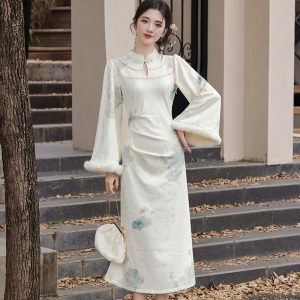 New Chinese Style Winter Fleece Lined Mermaid Dress with Shawl