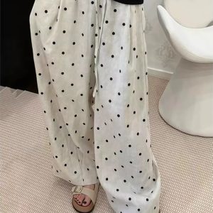 Plus Size Polka Dot Linen Casual Pants Women Summer Thin Loose Straight Wide Leg