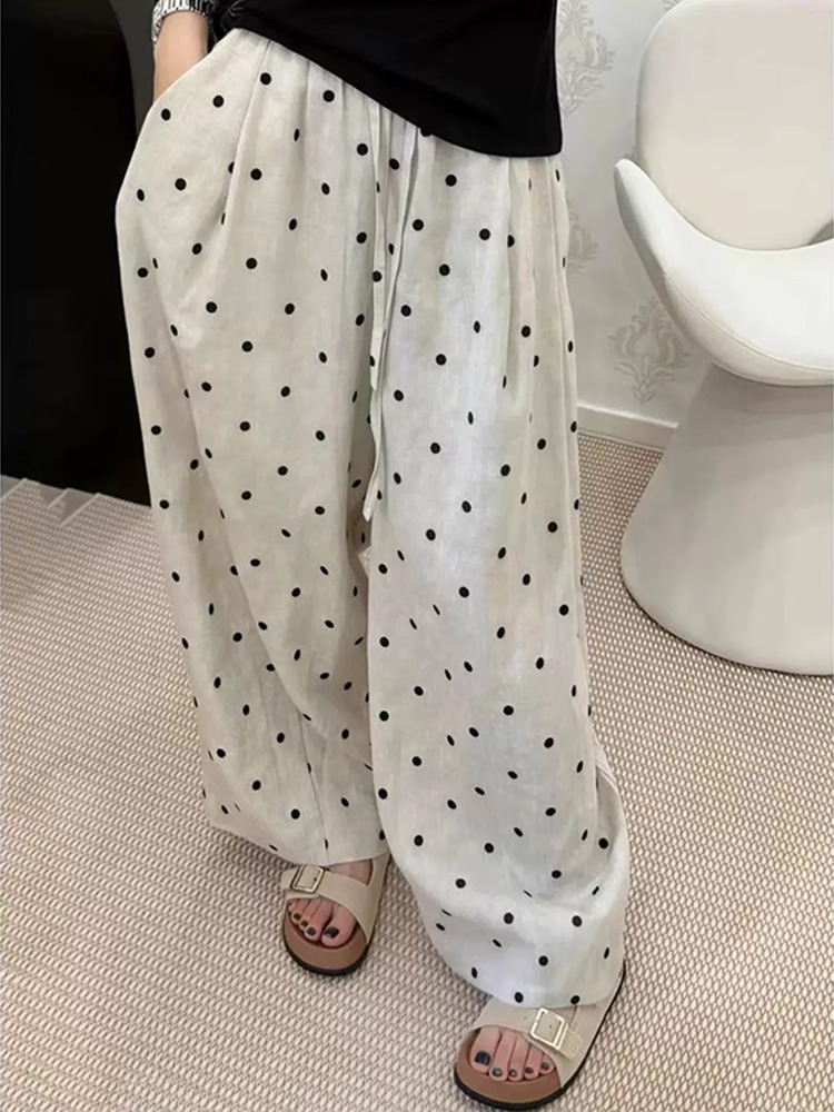 Plus Size Polka Dot Linen Casual Pants Women Summer Thin Loose Straight Wide Leg