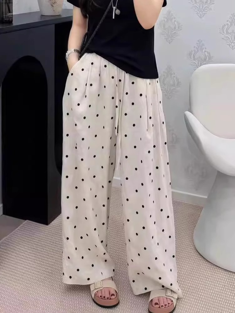 Plus Size Polka Dot Linen Casual Pants Women Summer Thin Loose Straight Wide Leg - Image 2