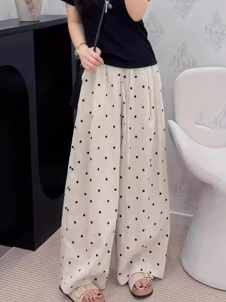Plus Size Polka Dot Linen Casual Pants Women Summer Thin Loose Straight Wide Leg - Image 3