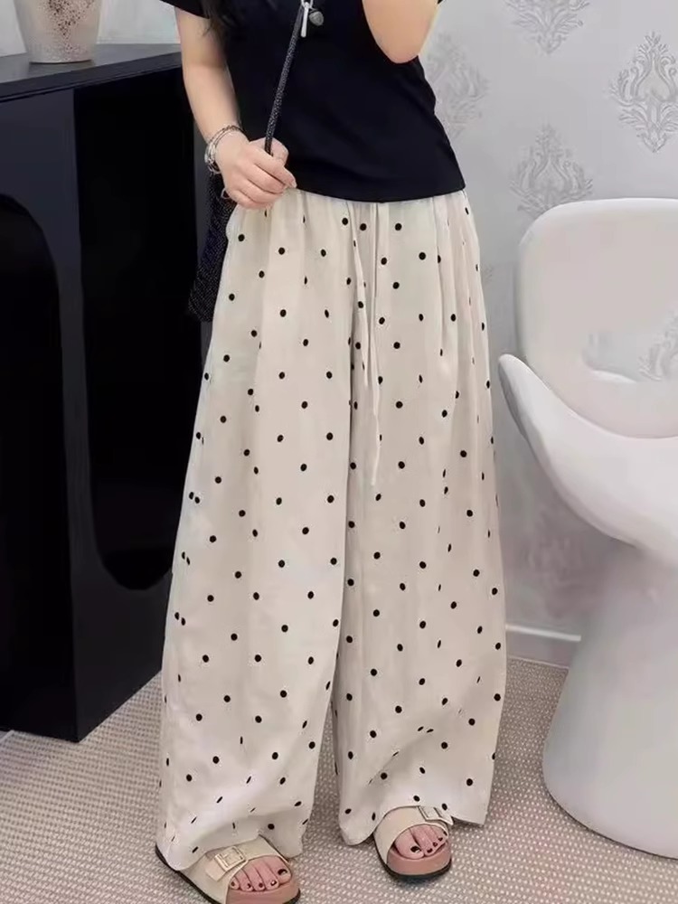 Plus Size Polka Dot Linen Casual Pants Women Summer Thin Loose Straight Wide Leg - Image 4