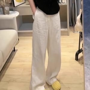 Plus Size White Linen Pants Women Summer Thin High Waist Straight Loose Wide Leg
