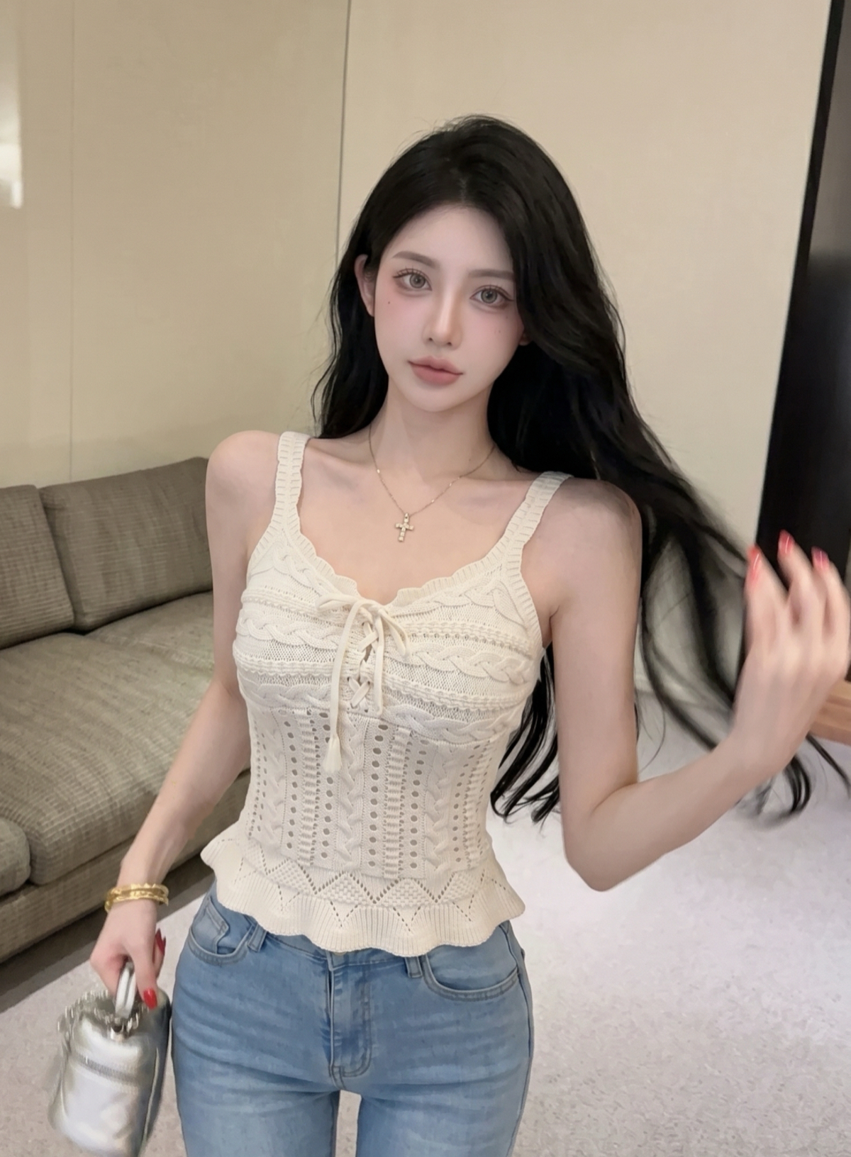 Sweet Style Cutout Lace-Up Slim Fit V-Neck Camisole Top - Image 2