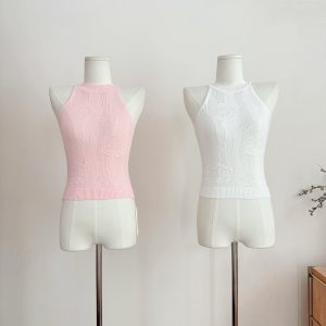 Tongiiuu Rose Girl Openwork Cable Knit Halter Vest Women Slimming Sleeveless Top Summer