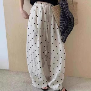 Women's 100% Ramie Wide-Leg Pants Summer 2025 Polka Dot Embroidered Elastic High Waist Casual Straight Long Trousers