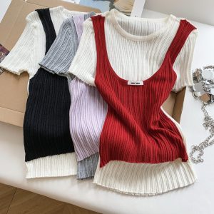 Women's Color-Block Round Neck Knit Top Short Sleeve Summer Commuter Tee
