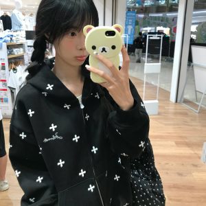 Women's Embroidered Cotton Hooded Sweatshirt Zip Up