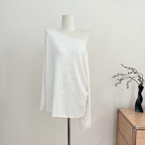 Women's Open Knit One-Shoulder Sun Protection Top Lightweight Loose Slimming Long Sleeve