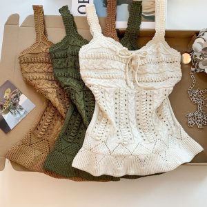 Women's Openwork Lace-Up Knit Camisole Tank Top Summer 2026 Sleeveless Trendy