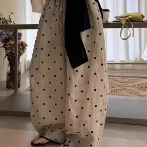 Women's Polka Dot Linen Wide Leg Pants Summer 2025 High Waist Loose Casual