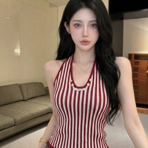 Women's Striped Sleeveless Knit Halter Tank Top Slimming Summer Camisole